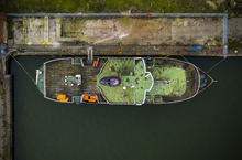 Top down aerial image of Mersey Ferry laid up awaiting Refurbishment